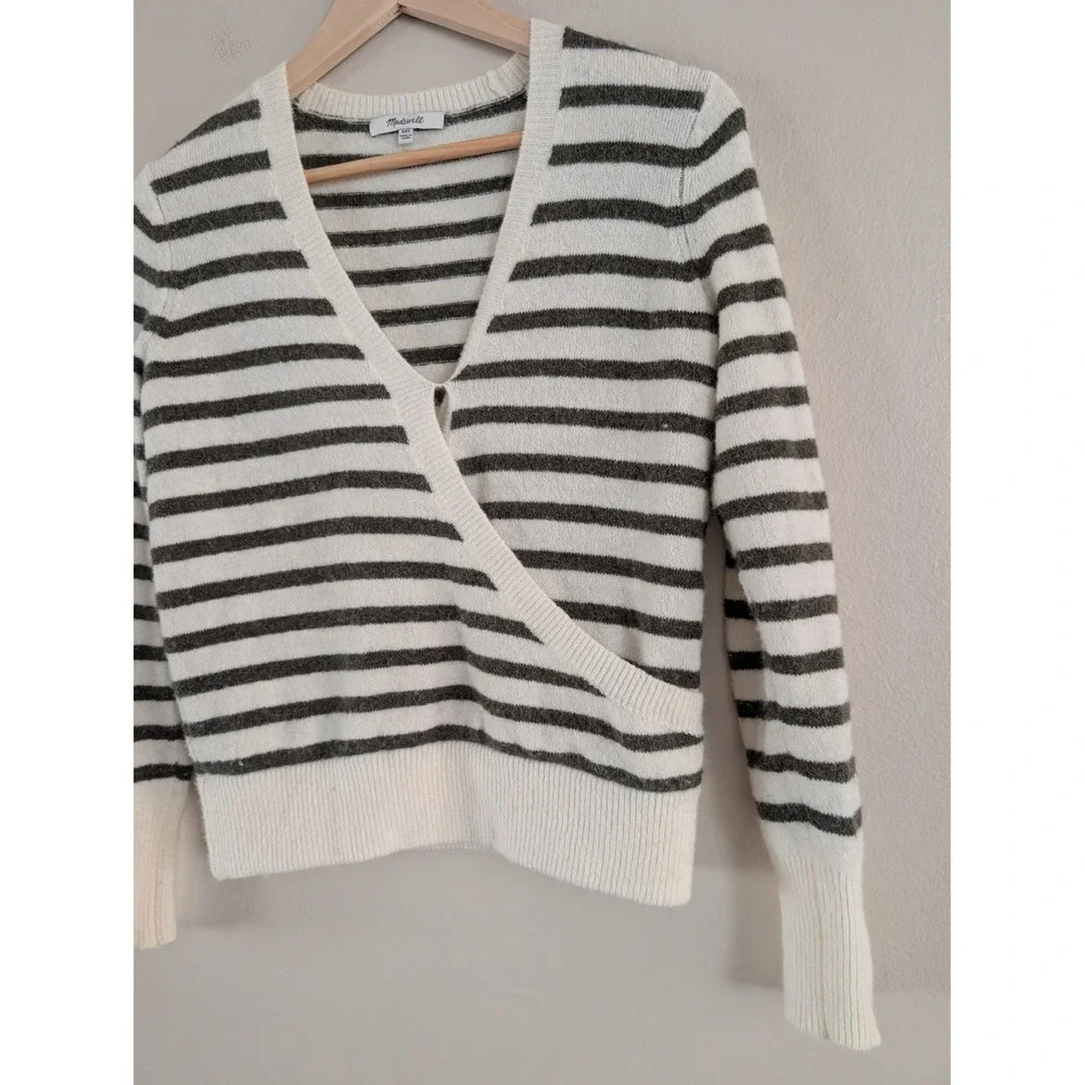 Madewell‎ Alpaca Striped Wrap Sweater XXS Cream Green Wool Blend V-Neck Preppy